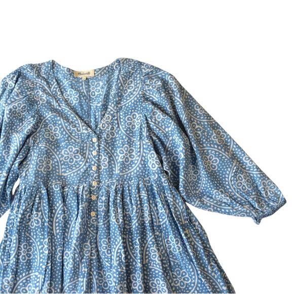 Madewell Blue Floral Bubble Sleeve Button-Front Summer Mini Dress Size Medium - Picture 3 of 8